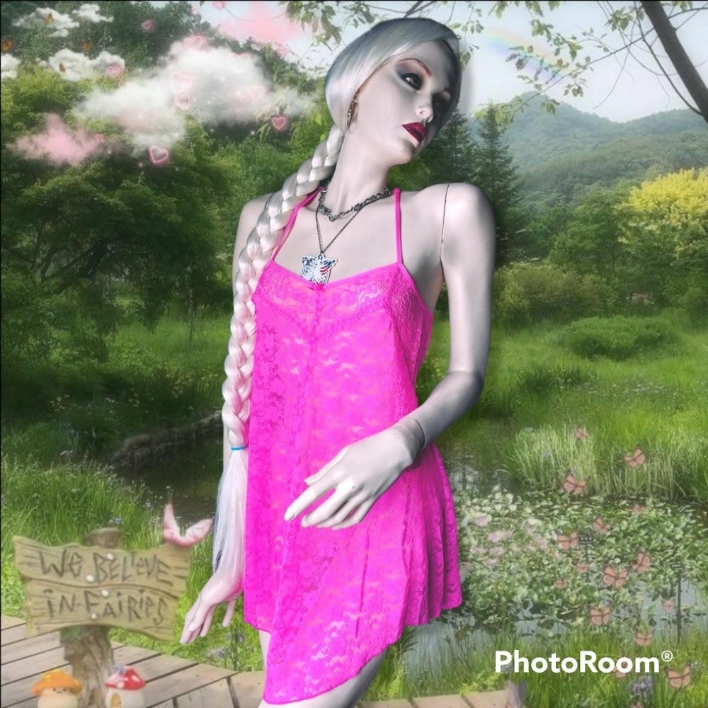 Valentine's Y2K Fairycore Hot Pink Floral Lace Lingerie Babydoll Slip Dress